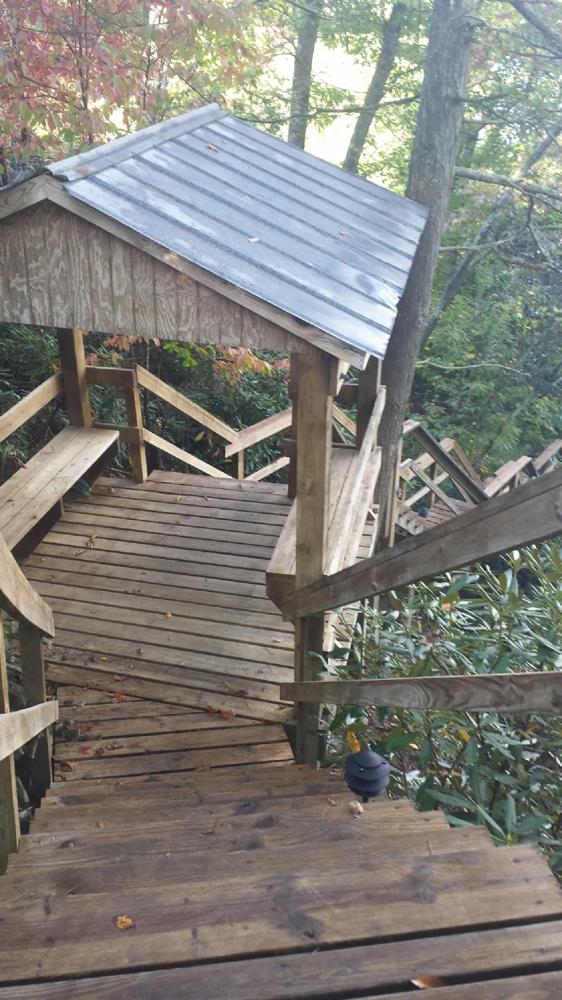 Metal roofed shelter over wooden steps on a wooded walkway — Skylight Repair & Installation work by our crew in Sunnyside